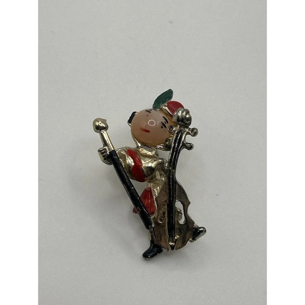 Vintage Enamel‎ Figural Musician Cello Brooch Pin Red Green Gold Tone Jewelry